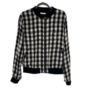 Equipment Femme XS Black & Cream Colored Checked Silk Aviator Bomber Jacket